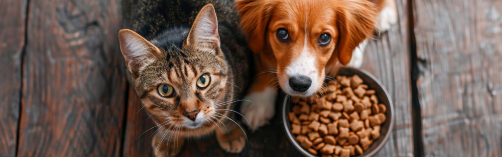 cat and dog sitting by food bowl looking up at camera