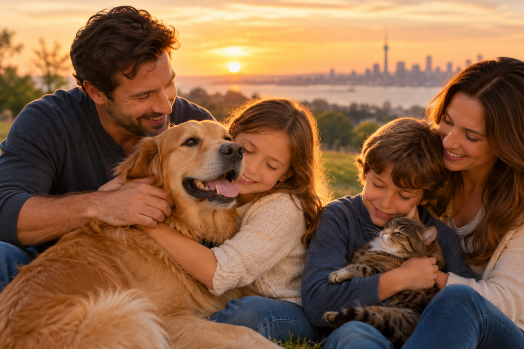 Family with Pets Portrait with sunset in background